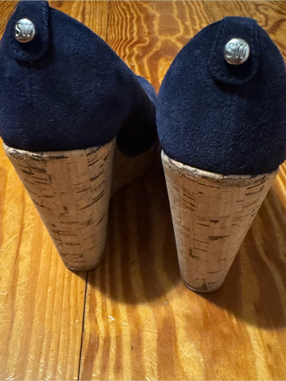 Stuart Weitzman Navy Suede Cork Wedge Pumps - Picture 7 of 9
